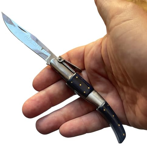 ADCSHOP Arabisches Klappmesser mit Ratschenmechanismus 18,50 cm - Klinge 8,20 cm Spiegelpolierter 3Cr13Mov-Stahl - Griff aus blauem stamina-Holz 10,30 cm - Gewicht 63 g