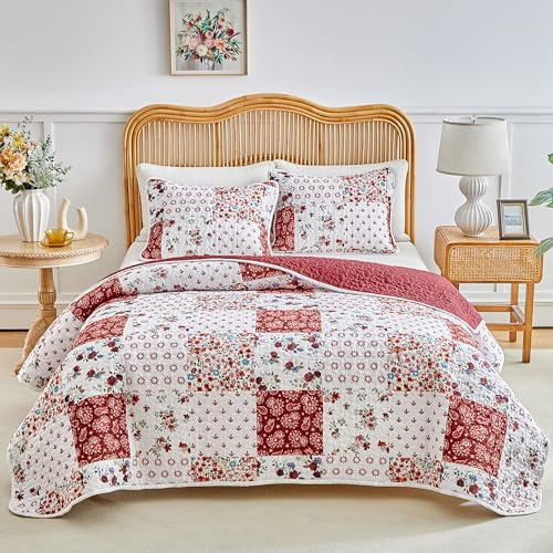 Joyreap 3 Pieces Floral Patchwork Quilt Set Twin, Burgundy Red n White Flowers Design, Smooth Soft Microfiber Quilt, Bedspread Bed Cover for All Season, 90x90 inches