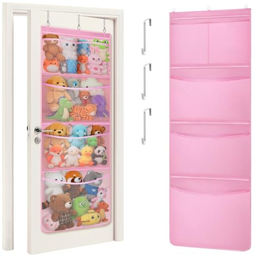 Lifewit Over Door Stuffed Animal Organizer,5 Mesh Pockets, Pink,1 Pack