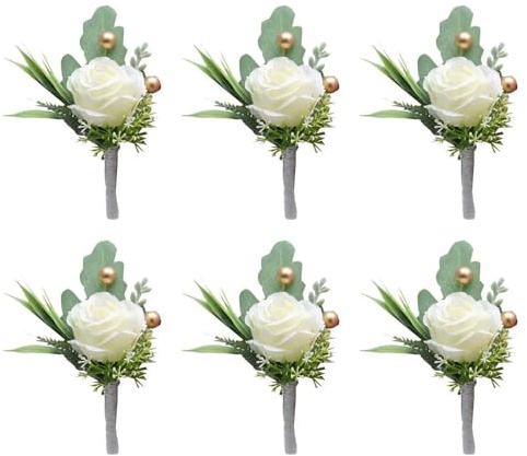 Huilimei White Rose Boutonniere for Men Wedding Set of 6,Artificial Wedding Flower Boutonnieres with Pins for Groom and Best Man Wedding Anniversary Celebration,Prom,Party,Home Decoration (6)