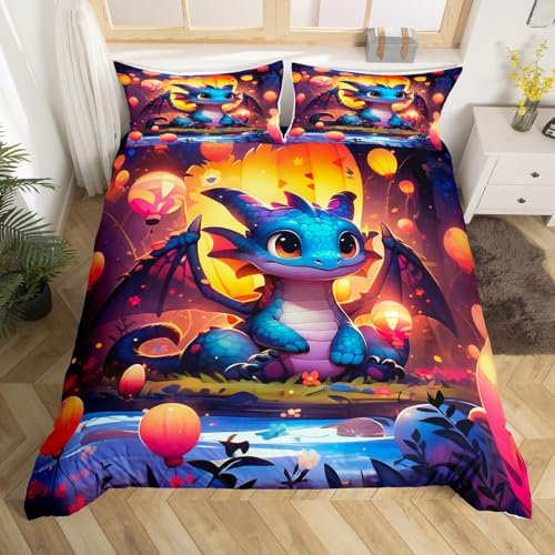 Homewish Housse de Couette 200x200 Enfant Dragon de Dessin Animé, Parure de Lit Ballon Mignon, Sets de Housses de Couettes Mignon Dragon Occidental, Couvre Lit Animaux Sauvages de La Jungle