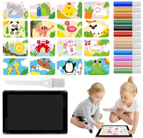 Misaakoeq Sandmalerei für Kinder, Sandkunst zum Abziehen und Aufkleben - Farbsand-Kunstbilder-Sets zum Abziehen und Aufkleben | 12 Sandfarben, 16 Bilder zum Abziehen und Streuen, 1 Tablett, 1
