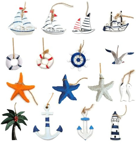 GROVBLE 16 Stück Maritime Deko,Maritime Anhänger Nautische Deko,Maritime Dekoanhänger Set,Maritime Deko Outdoor,Beach Hängen Wanddeko Seestern Anker Segelboot Fische Leuchtturm Steuerrad Schwimmring