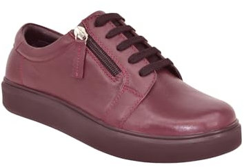 Amber Ladies Wide EEE Fit Leather Trainers with Side Zip and Lace-Up Fastening Extra Wide Shoes with Cushioned Ankle Collar Burgundy 6