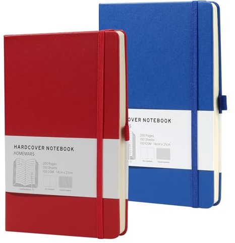 HOMEMARS Anteckningsbok, Journal, A5, anteckningsbok, A5, Bullet Dotted Journal Prickig 200 sidor, 100GSM, Hårt omslag, Pennhållare, Bokmärken, Röd Blå