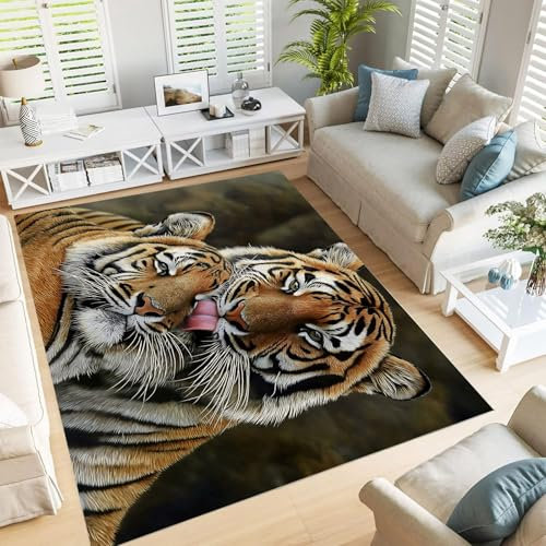 GDJSMIN Wohnzimmer Teppich, Tierwelt Schlafzimmer Bettvorleger, Zwei Tiger Moderner zottelig flauschig weich Teppiche 120x180cm Anti-Rutsch Unterseite waschbarer Teppich