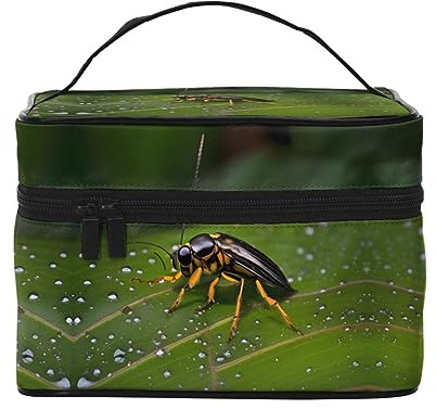 WZYCWB Bolsa de cosméticos grande con insectos en hojas para mujer, bolsa de cosméticos portátil de gran capacidad, bolsa de cosméticos de viaje para niñas, negro, talla única, negro, talla única
