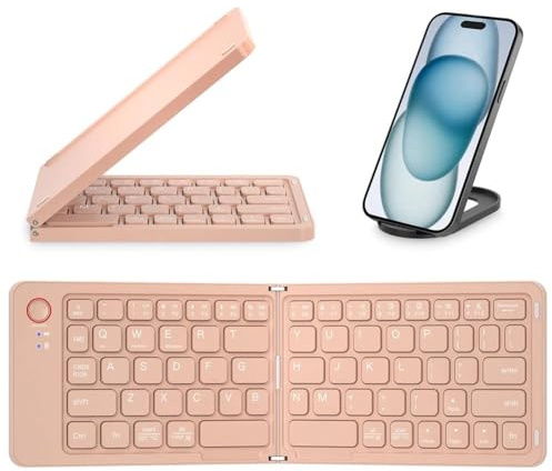 XIHAMA Foldable Bluetooth Keyboard with Phone Holder - Ultra Slim Wireless Keyboard for Office & Remote Work, Compatible with Android, iOS, Windows - Rechargeable, Full-Size (Pink)