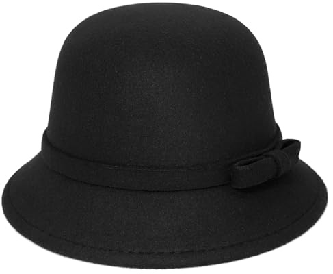 WULIQIUQIU Cappello in feltro da donna Fedora, cappello da pescatore anni '20, Nero , Taglia unica