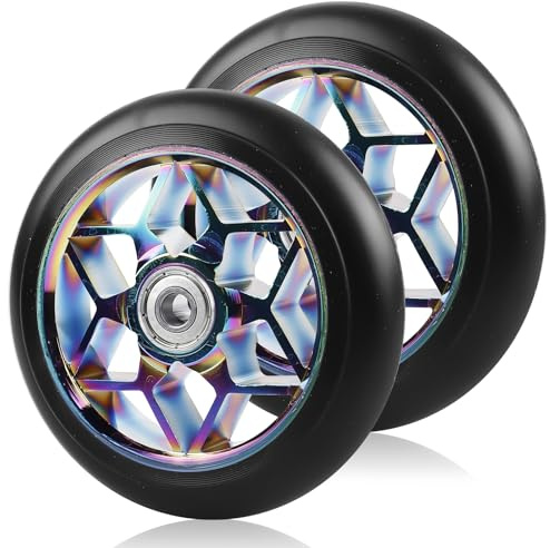 2 Stück Stunt Scooter Rollen 110 mm, Bunt Scooter Ersatzräder, 88A Rollerräder für Stunt mit ABEC-9 Lager Aluminium Speichenkern, ErsatzräderScooter Räder Kompatibel für allerleiScooter