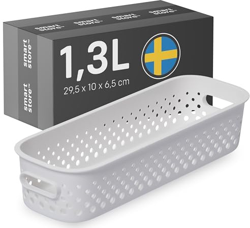 SmartStore Aufbewahrungskorb mit Griffen in weiß 1,3L (29,5x10x6,5cm) I Körbchen Aufbewahrung aus recyceltem Kunststoff I Essence Slim Aufbewahrungskorb I Aufbewahrungsboxen mit 10 Jahren Garantie