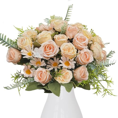 LIIGOU 4 Bündel Rosen Blumenstrauß Künstliche Rose Fake Blumen Deko Klein Gänseblümchen Rose Kunstblumen wie Echt Frühling Dekoblumen für Hochzeit Draußen Balkon Partei Tischaufsätze Blumenarrangement