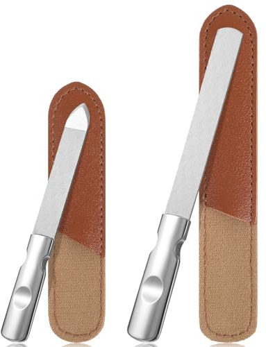 2 Pack Metal Nail Files for Men, Women, Double-Sided Stainless Steel Toe Nail File with Anti-Slip Grip & Pouch for Thick Thin Nails (Silver)