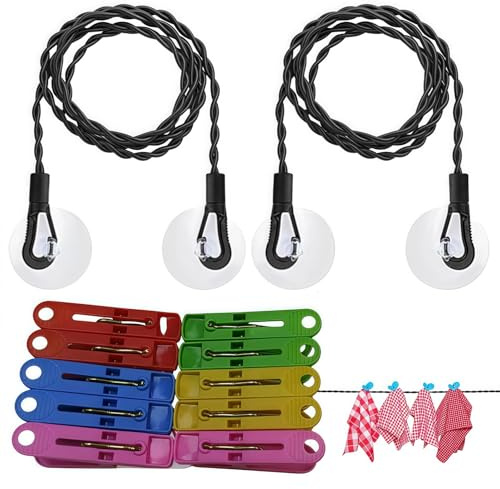 2 PCS Travel Washing Line,Extendable Camping Clothesline with Hooks & Suction Cups,Camping Washing Line,Extendable Travel Laundry Line with 10 Clips,Outdoor Clothes Line