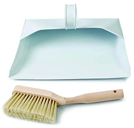 Aboniris Metal Dustpan and Brush Set, Metal Brush Pan Set Made of Steel, Natural Wood and PBT Plastic Bristles, for Indoor Use Only