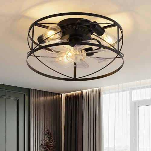 NEWSEE LED Modern Industrial-Style Ceiling Fan Light with Remote Control, 6-Speed Reversible E26 Socket Retro Ceiling Fan Light Suitable for Bedrooms, Living Rooms, Kitchens 40cm