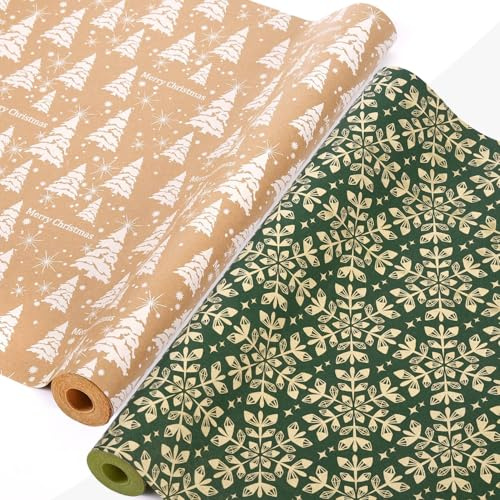 AhfuLife 2 Rollen Geschenkpapier Weihnachten, 43cm x 15m Weihnachtspapier Set, Nature Kraftpapier Weihnachtsgeschenkpapier für Weihnachten Papier Xmas Geburtstag Geschenk Verpackung
