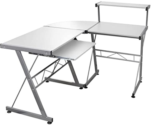 Mandloder Tavolo angolare per computer, 132 x 112 x 99 cm, in legno bianco, scrivania a forma di L con estrattore per tastiera e ripiano per ufficio, casa, ufficio, camera da letto, salvaspazio