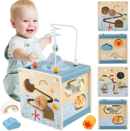Ecofocet Motorikwürfel ab 1 Jahr aus Holz – 6 in 1 Motorikspielzeug Baby Montessori Aktivitätswürfel, Lernspielzeug für Kinder, Motorikschleife & Steckspiel, Holzspielzeug Geschenk Mädchen Jungen