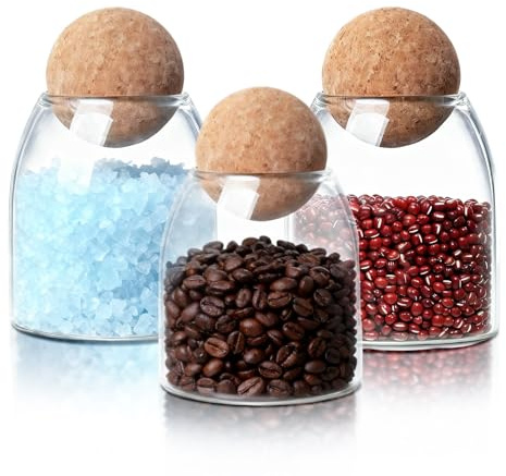 HomeyHoney Vorratsgläser mit Deckel mit Korkkugel, Vorratsglas 3er Set | Aufbewahrungsgläser mit Deckel für Candy Bar und Küche, Borosilikatglas, Bonbonglas für Süßigkeiten, Kekse, Kaffee, 500 ml