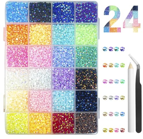 XNJIHWA 24 colores de estrás, parte trasera plana, piedras brillantes coloridas, pequeñas, redondas, piedras preciosas de resina, 3 mm, decoración para manualidades, con pinzas y lápiz de cera