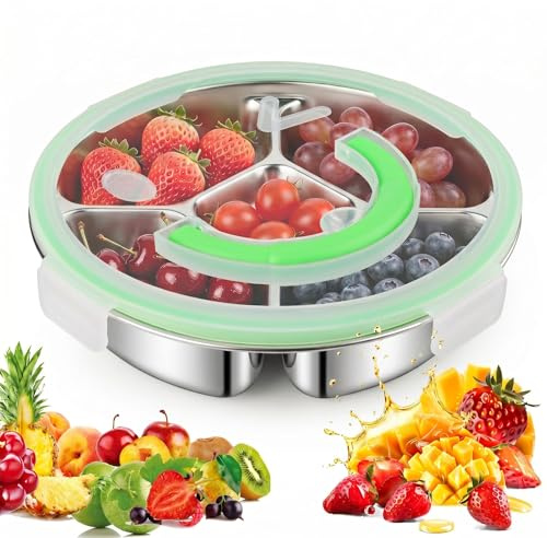 PnxdeobXL Edelstahl Snackteller mit 5 Fächern, Lebensmittelechter 304-Edelstahl Snackbox mit Fächern, Mehrzweck Unterteilter Snackbox für Obst, Knabbereien, Gemüsezubereitung, Party, Küche