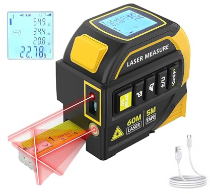 4-in-1 Laser Tape Measure, ±2mm High Accuracy Laser Level 197FT/60M, Auto Leveling LCD Display 5M Digital Tape Measure IP54, 4 Switchable Unit, Pythagorean/Area/Volume Calculation