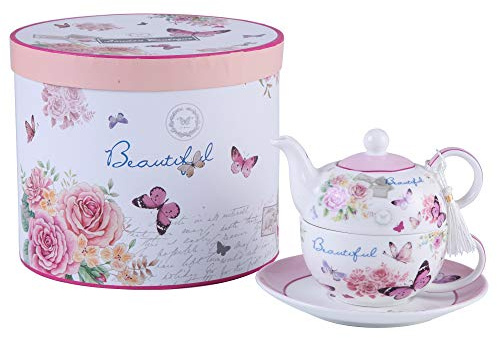 London Boutique Teekanne-, Tasse- und Untertasse-Set für eine Person im Vintage-Stil, mit Rosen- und Lavendel-Muster, Porzellan, in Geschenkbox 15x15cm Butterfly Rose