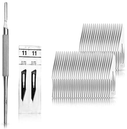 Set 50 Stück Skalpellklingen Figur 11 Karbonstahl Ersatzklingen einzeln steril verpackt 1x May Skalpell-Halter rundem Griff Edelstahl | Präzises Werkzeug für anspruchsvolle Schneidearbeiten in Modellbau und Bastelraum.