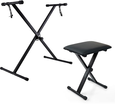 Single Braced X Frame Music Piano Keyboard Stand & Chair Complete Set by Crystals® (Single Braced Stand + Chair)