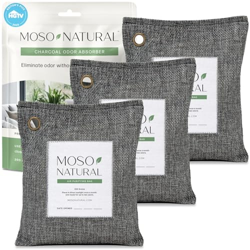 Moso Natural Luftreinigungsbeutel, 200 g (3er-Pack), Bambuskohle-Geruchsabsorber für Zuhause und Auto, Schrank-Geruchsbeseitiger, kleiner Raum-Deodorierer und Auto-Lufterfrischer, langlebige