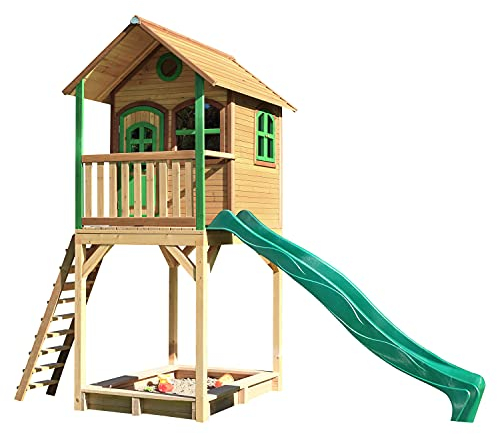 AXI Spielhaus Romy mit Sandkasten & grüner Rutsche | Stelzenhaus in Braun & Grün aus FSC Holz für Kinder | Spielturm für den Garten