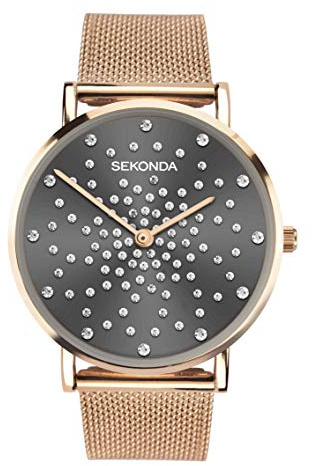 Sekonda Celeste Ladies 36mm Quartz Watch in Grey with Analogue Display, and Rose Gold Stainless Steel Mesh Bracelet 40029