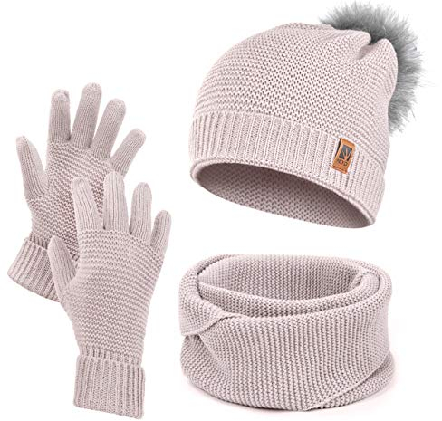 HEYO Damen Wintermütze Schlauchschal Handschuhe Set Winter Gestrickte Warme Mütze mit Schal und Winterhandschuhen | HZ0003 (Rosa)