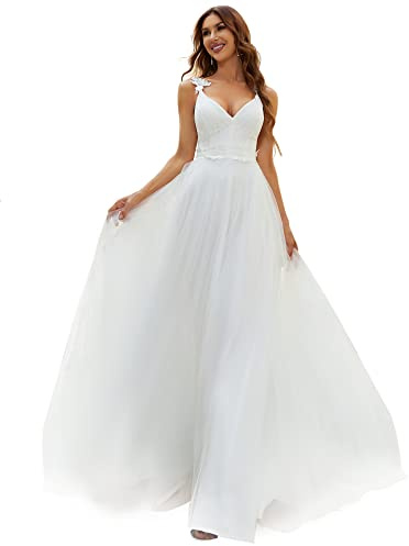 Ever-Pretty Robe de Mariée pour Mariage Longue Femme A-Line Col V sans Manche en Dentelle Mousseline Fluide EH00216