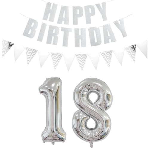 Luftballons Zahl 18 + Happy Birthday Girlande + banner Folienballon 18.Geburtstags deko Mädchen jungen Silber ballons 18 Jahre Geburtstag deko Zahlenballon 18 Geburtstag dekoration Mädchen junge(18)