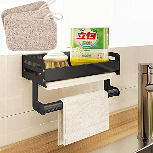 JKMQA Estante De Almacenamiento Antideslizante De Cocina De Aluminio Espacial para Jabón/Esponjas,Organizador De Fregadero,Estante De Drenaje De Fregadero,con 3 Piezas de Esponja de lufa