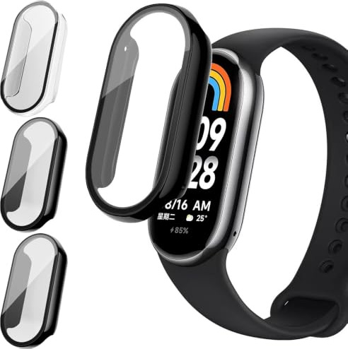 Acadeny 2 Piezas Funda con Vidrio Templado Compatible con XIAOMi band 8, [Cubierta Completa] 2 en 1 PC Case y Protector de Pantalla para Mi band 8-2black+Transparente
