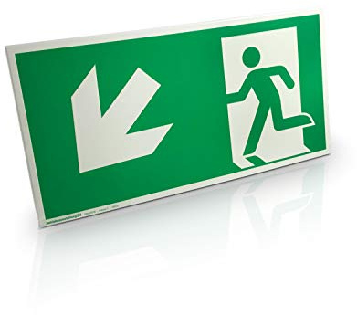 Notausgangsschild nachleuchtend Pfeil schräg links abwärts - PVC-Folie, selbstklebend - 30,0 x 15,0 cm - ASR A1.3 DIN 7010 DIN 67510 - Notausgang - Fluchtwegschilder