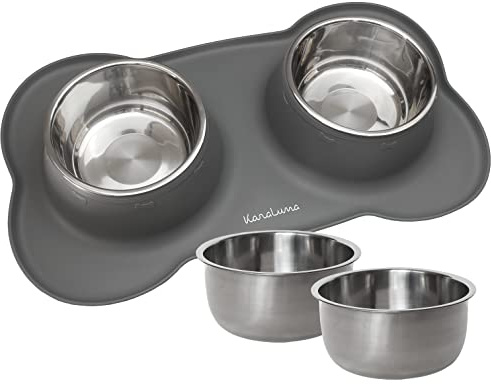 KaraLuna Napfunterlage aus Silikon mit Edelstahl Futternapf I Für Katzen & Hunde (850ml, Grau)