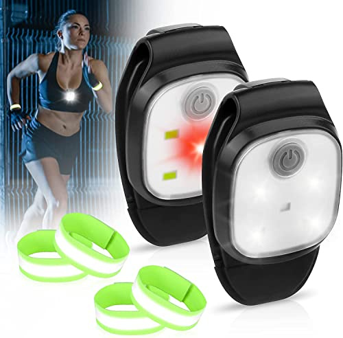 2er LED Clip Lampe + 4er Reflective Armbänder - LED Blinklicht Sicherheitslicht Set, Stirnlampe LED Wiederaufladbar, Kopflampe für Kinder, Wasserdicht Sicherheit Clip Licht für Jogger Camping Wandern