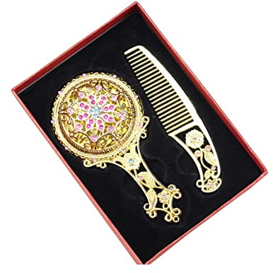 Vintage Metall Handspiegel Kamm-Set,Tragbare Eitelkeit Spiegel Kamm Set,Vintage Make-Up Spiegel mit Kamm,Antiken Kosmetikspiegel Haarbürste Reise Make-Up Tools Geschenk für Frauen Mädchen (Gold)