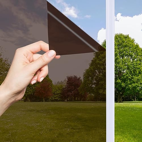 OFHome Sichtschutzfolie für Glasfenster, UV-reflektierend, blendfrei, getönt, für Zuhause und Büro, Hitzeregler, Sonnenschutz, selbstklebend, Türfenster, Tönungsaufkleber, Braun Silber, 90 x 200 cm