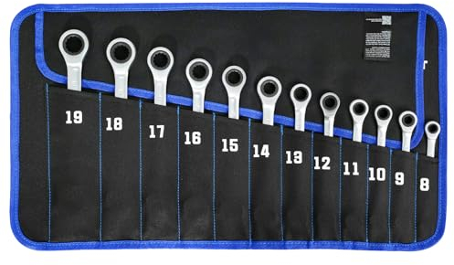 SORAKO Ratschenschlüssel-Sets, 12-teilig, Ringmaulschlüssel, 72-Zahn-Ratschengetriebe, 8–19 mm, metrischer Schraubenschlüssel-Set, fester Kopf, Ringmaulschlüssel-Set in Rolltasche