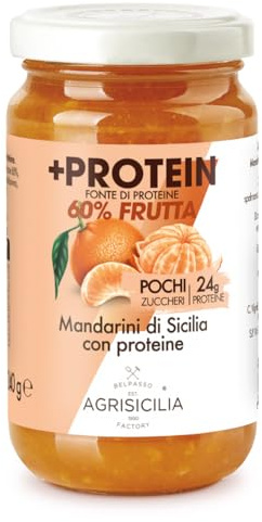 Agrisicilia +Protein Marmellata di Mandarini di Sicilia, fonte di proteine, pochi zuccheri aggiunti, frutta di alta qualità, 240 grammi