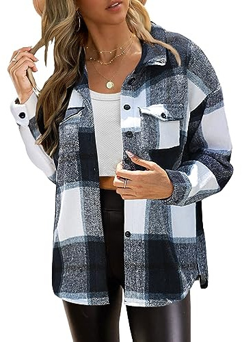 Zeagoo Skjortjacka för kvinnor, rutig jacka, långärmad, flanellkappa, blus med knappar, blus, Färg: blå, XL
