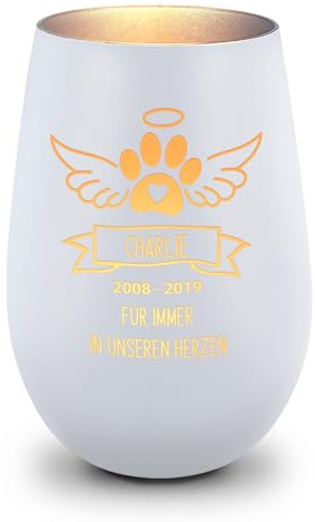 GRAVURZEILE Deko Windlicht aus Glas mit Gravur - Pfotenengel - Personalisiert mit Namen & Datum - Haustier Trauerlicht für Hund und Katze - Grabschmuck zur Beerdigung oder Andenken - Weiß/Silber