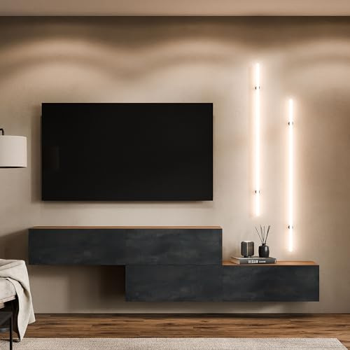 Planetmöbel TV Schrank 320 cm Wohnwand Lowboard Set | Fernseher 75 Zoll, Wohnzimmer Fernsehtisch viel Stauraum, hängend, 2x Fernsehschrank 160 x 30 x 37,5 cm, charcoal
