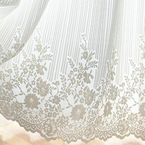 Yaland Jacquard Gardine mit Streifen-Blumenmuster 1 Stück HxB 130x140cm | Weiß Schiebegardine Landhausstil Spitzenborte transparente Gardine mit Tunnelzug für Küche Wohnzummer Schlafzimmer Balkon