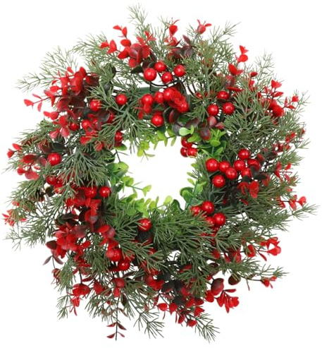 ABOOFAN Weihnachtskranz Mit Roten Beeren 35 cm Künstlicher Kranz Aus Stechpalmenbeeren Aus Kiefernholz Weihnachtstürkranz Wandbehanggirlande Für Weihnachten Ferienhaus Bauernhaus